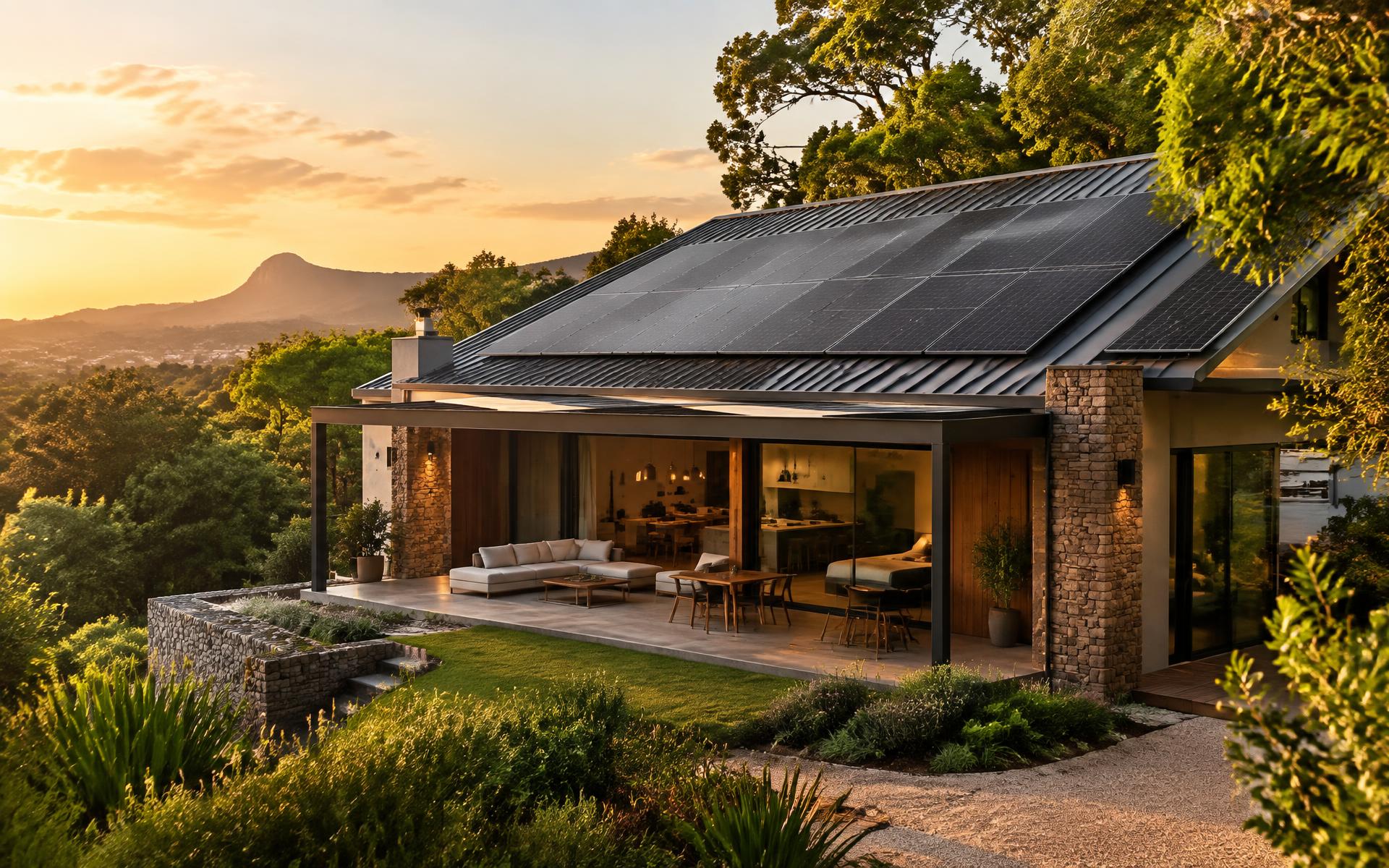 Modern South African home powered by rooftop solar panels at sunset